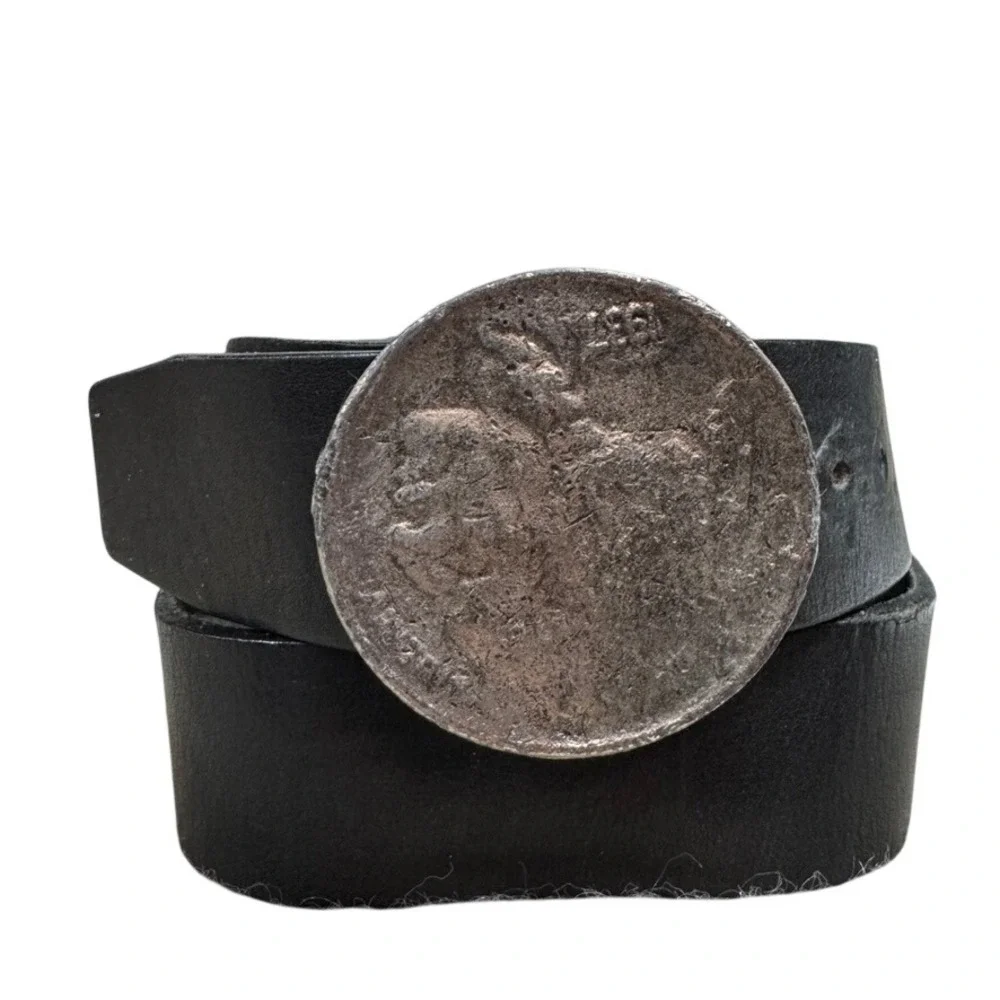 Canterbury Filenes Black Leather Belt Buffalo Nickel Coin Buckle Size 34 1683101